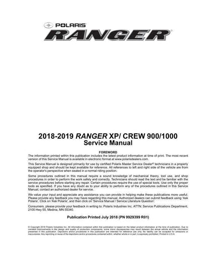 Polaris Ranger 900 1000 XP Crew UTV Service Manual factory service manual title page