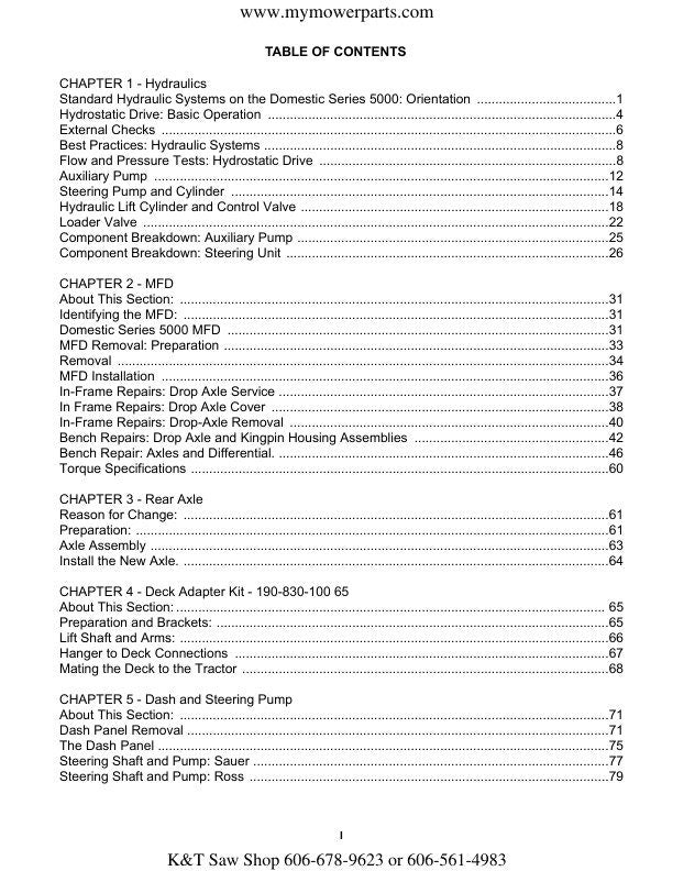 Cub Cadet Domestic 5000 Tractor Service Manual table of contents