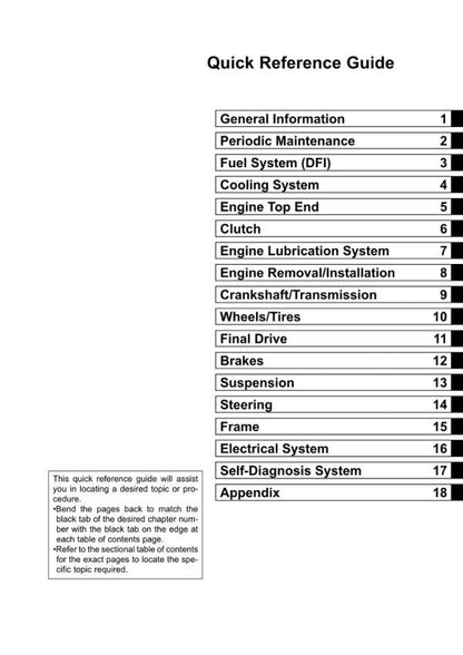 Kawasaki Ninja ZX-6R Motorcycle Service Manual table of contents