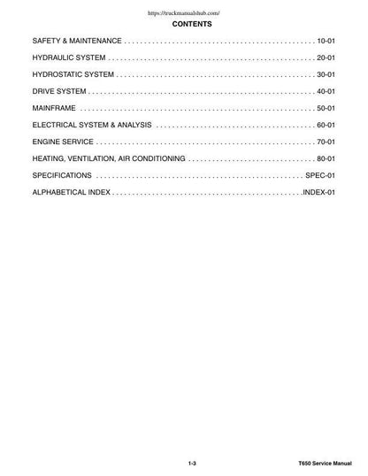 Bobcat T650 Compact Track Loader Service Manual table of contents