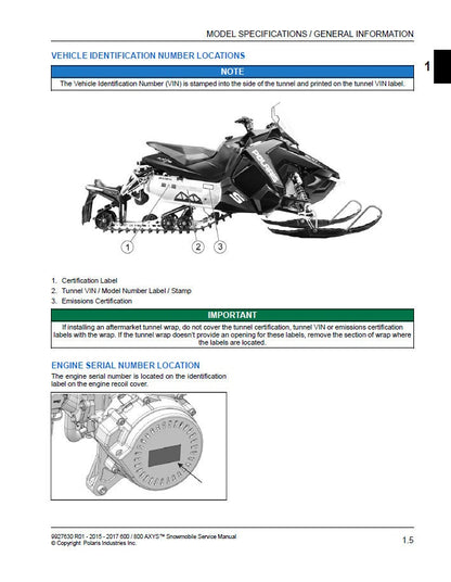 Polaris AXYS 600 800 Snowmobile Service Manual sample page showing repair procedures