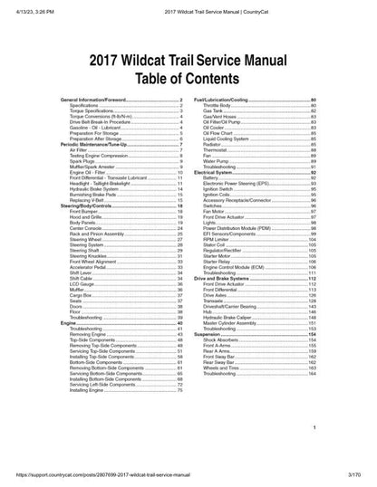 Arctic Cat Wildcat Trail UTV Service Manual sample page from service manual
