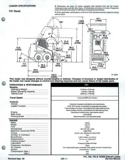 Bobcat 741 742 743 Skid Steer Loader Service Manual sample page from the repair manual