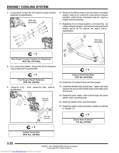 Polaris RZR 570 UTV Service Manual sample page with service data and tables