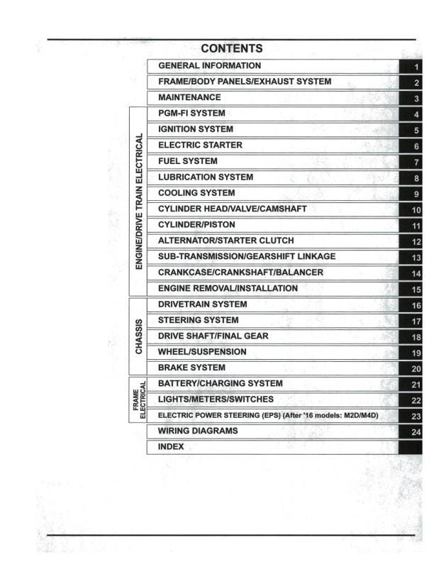 Honda Pioneer SXS700 M2/M4 UTV Service Manual table of contents