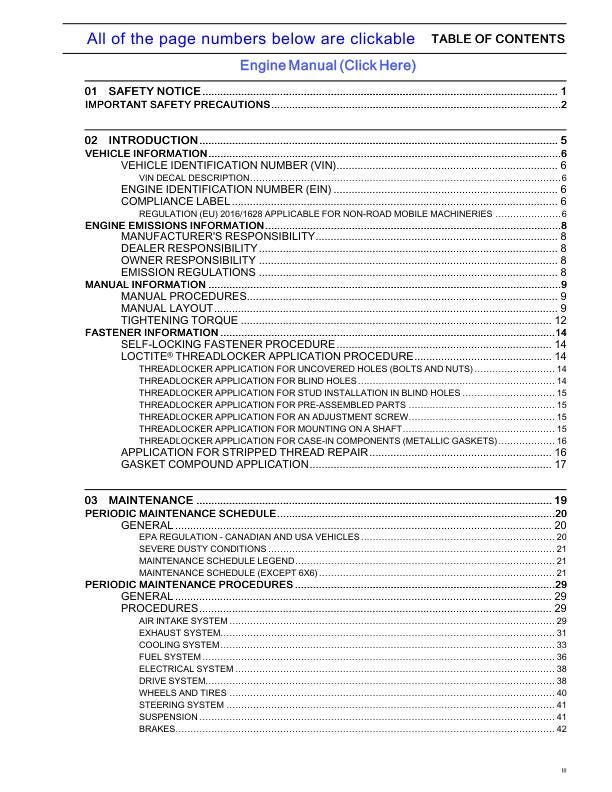 Can-Am Outlander 850 1000 ATV Service Manual table of contents