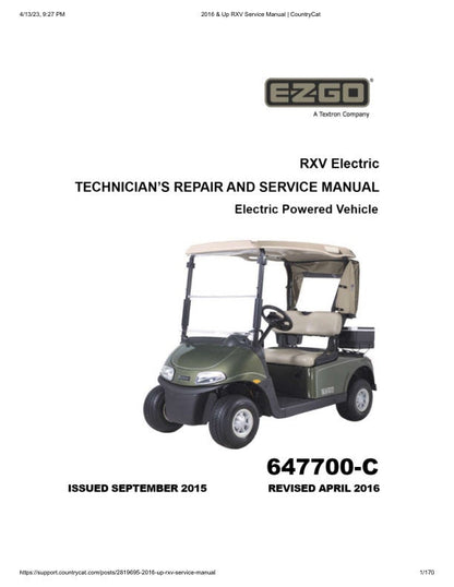 EZGO RXV Electric 48V Golf Cart Service Manual factory service manual title page