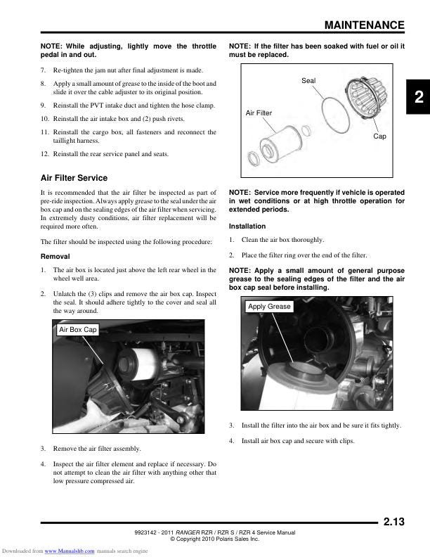 Polaris RZR 800 RZR-S RZR-4 UTV Service Manual table of contents