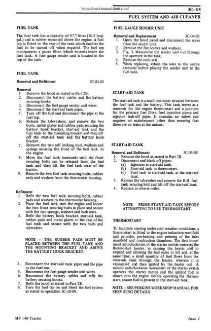 Massey Ferguson 148 Tractor Service Manual sample page with service data and tables