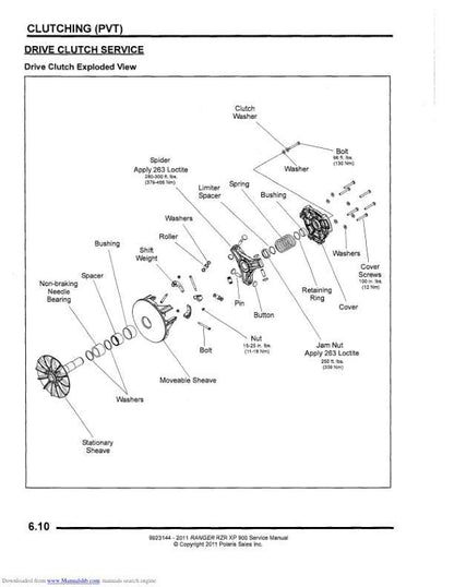 Polaris RZR Ranger 900 UTV Service Manual sample page with service data and tables