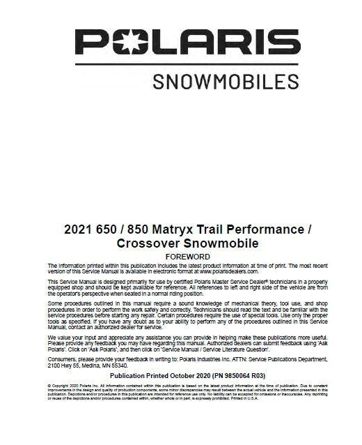 Polaris MATRYX Indy Switchback XCR 650 850 Snowmobile Service Manual sample page with diagrams and specifications