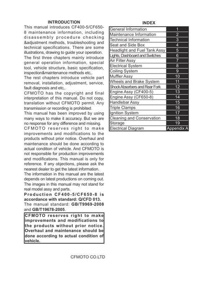 CFMOTO GT 400 650 Motorcycle Service Manual table of contents