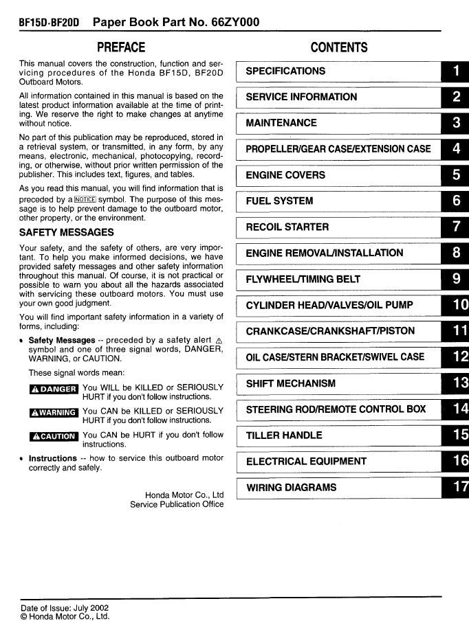 Honda BF15D BF20D Outboard Service Manual factory service manual title page