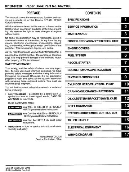 Honda BF15D BF20D Outboard Service Manual factory service manual title page