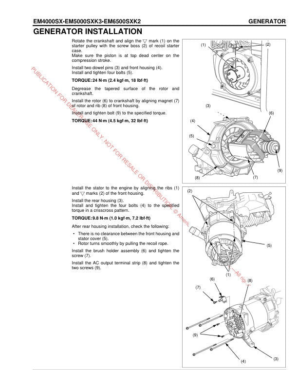 Honda EM4000 EM5000 EM6500 Generator Service Manual sample page with service data and tables