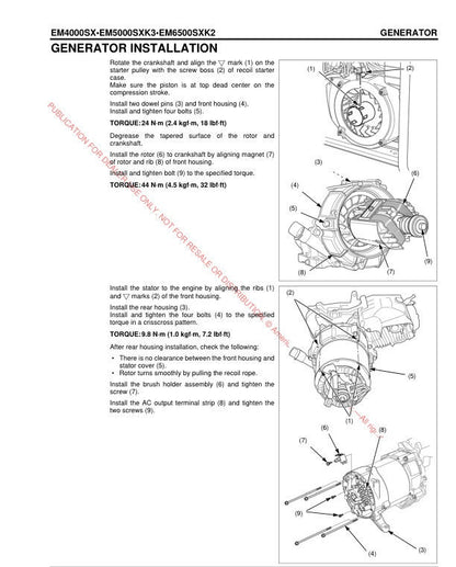 Honda EM4000 EM5000 EM6500 Generator Service Manual sample page with service data and tables