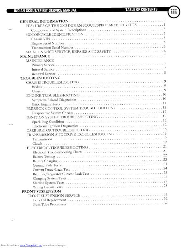 Indian Scout Centennial Springfield Deluxe Motorcycle Service Manual table of contents
