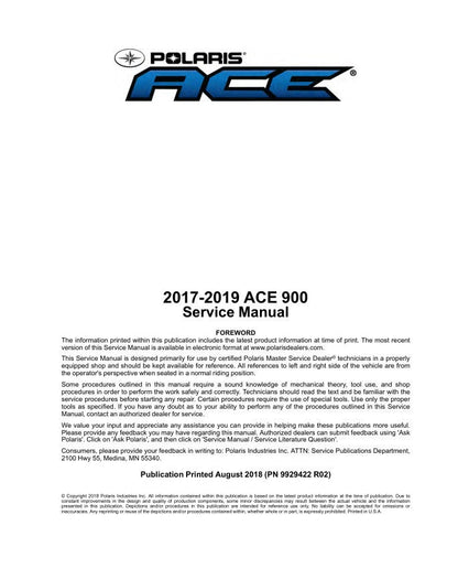 Polaris ACE 900 UTV Service Manual table of contents