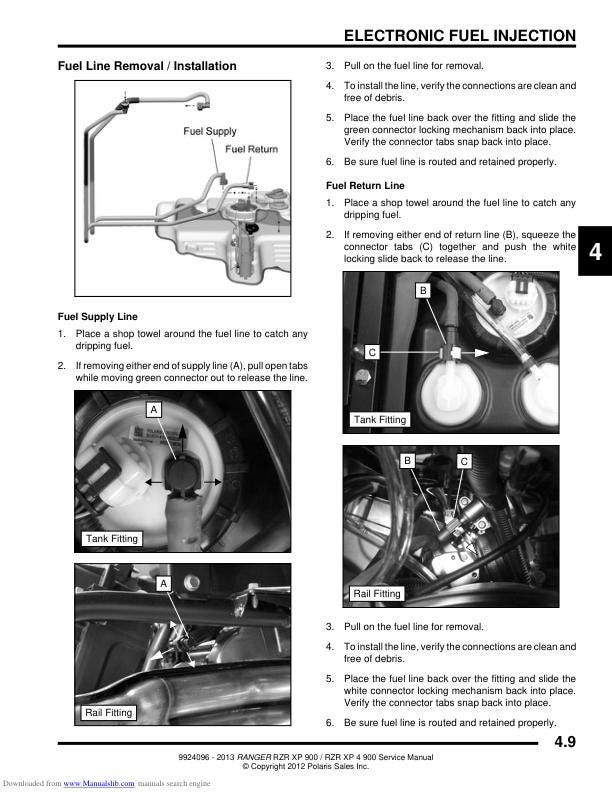 Polaris RZR 900 EPS XP XP4 UTV Service Manual sample page with technical illustrations