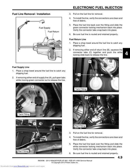Polaris RZR 900 EPS XP XP4 UTV Service Manual sample page with technical illustrations