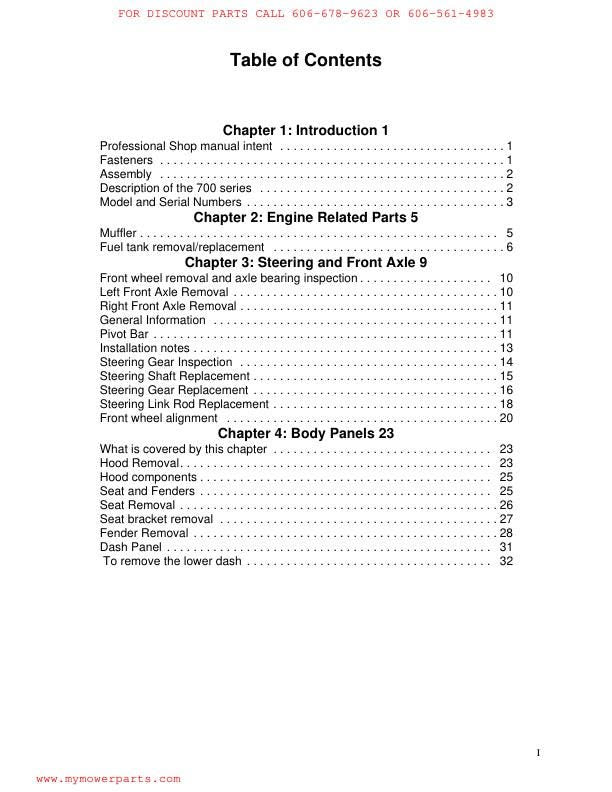 Troy-Bilt 700 Series Yard Machines Tractor Service Manual table of contents