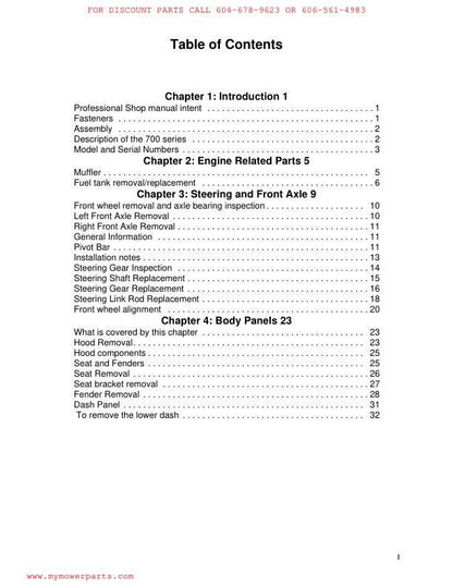 Troy-Bilt 700 Series Yard Machines Tractor Service Manual table of contents