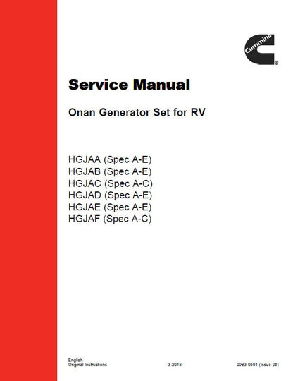 Cummins HGJAA-HGJAF ONAN Generator Service Manual factory service manual title page