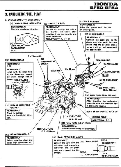 Honda BF5A Outboard Service Manual sample page with diagrams and specifications