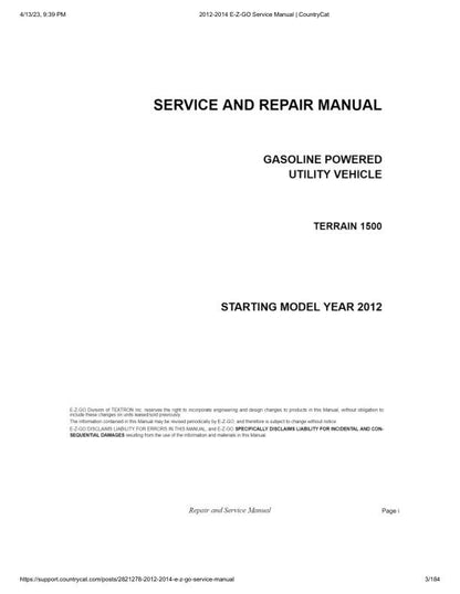 EZGO Terrain 1500 Gas Golf Cart Service Manual table of contents
