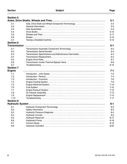 JLG G642A G943A G1043A Telehandler Service Manual sample page with service data and tables