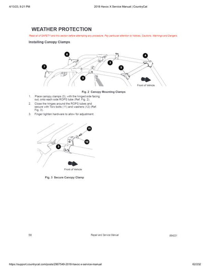Arctic Cat Havoc X UTV Service Manual sample page with diagrams and specifications