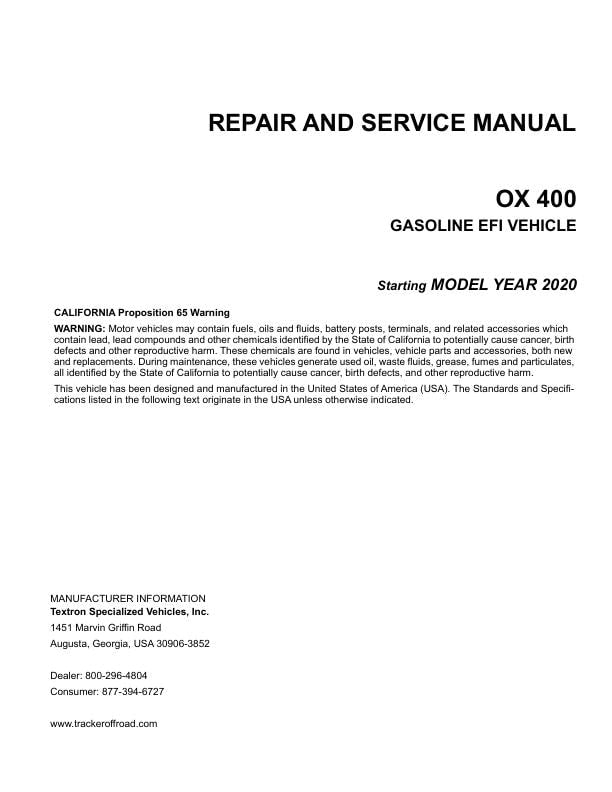 Tracker OX 400 UTV Service Manual table of contents