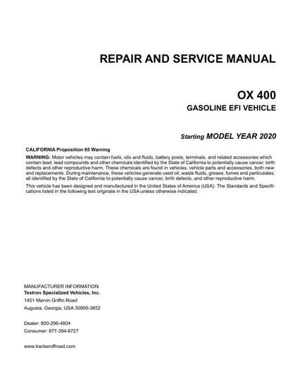 Tracker OX 400 UTV Service Manual table of contents