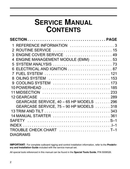 Evinrude 40-90 HP Outboard Service Manual table of contents