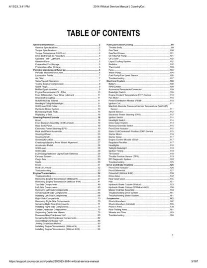 Arctic Cat Wildcat X 4X UTV Service Manual table of contents