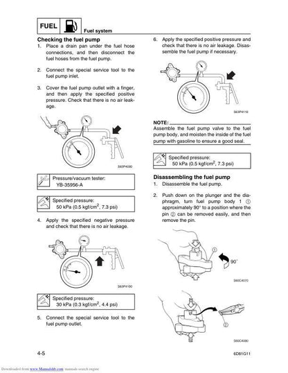 Yamaha F90D Outboard Service Manual sample page with diagrams and specifications