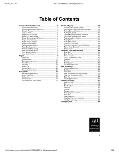 Arctic Cat ZR200 Snowmobile Service Manual table of contents