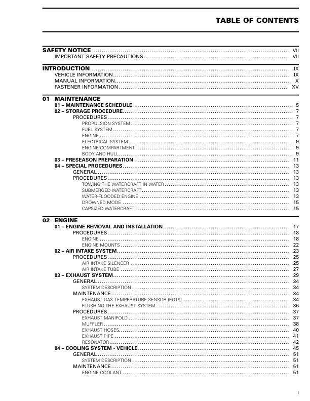 Sea-Doo GTX RXT Service Manual table of contents