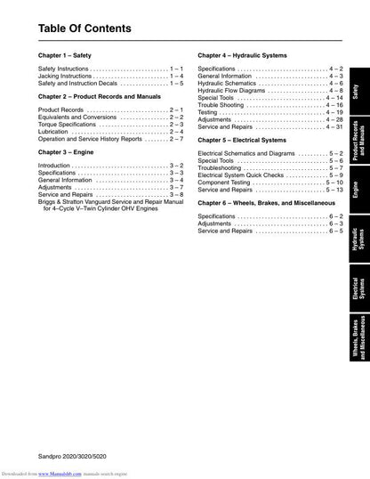 Toro Sand Pro 2020 3020 5020 Mower Service Manual table of contents