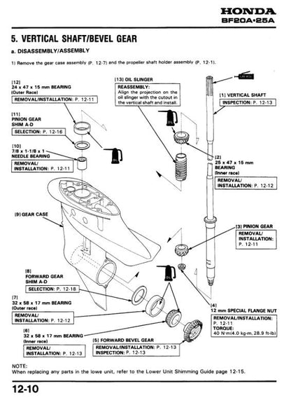 Honda BF25D BF30D Outboard Service Manual sample page with diagrams and specifications