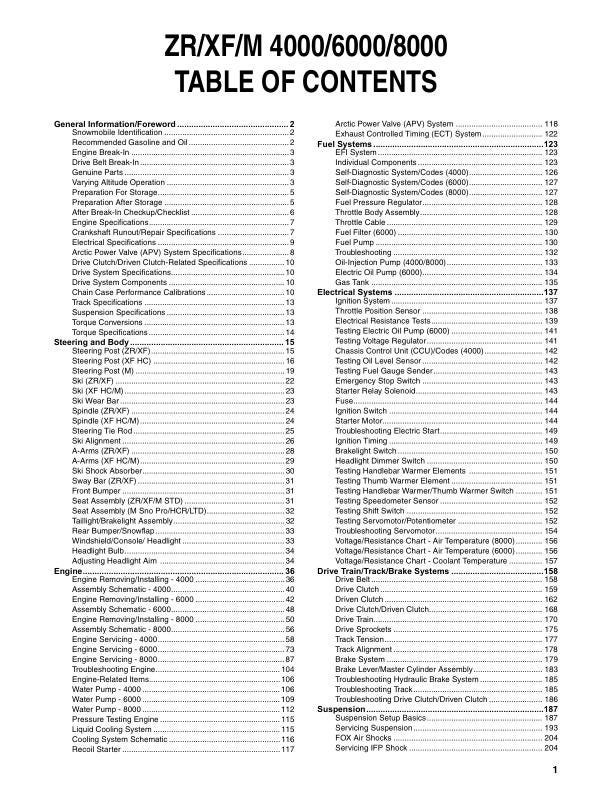Arctic Cat ZR XF M Lynx Pantera Bearcat Snowmobile Service Manual table of contents