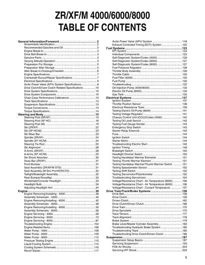 Arctic Cat ZR XF M Lynx Pantera Bearcat Snowmobile Service Manual table of contents