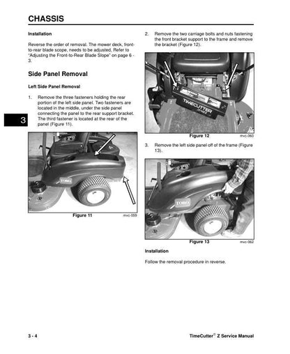 Toro Lawnboy Timecutter Z Series Precision Mower Service Manual sample page showing repair procedures