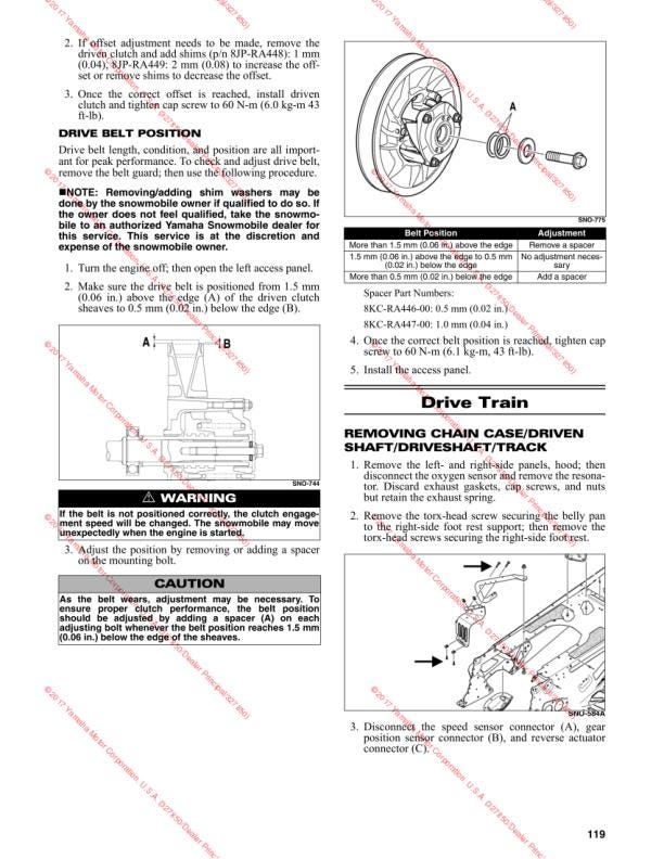 Yamaha Sidewinder Snowmobile Service Manual sample page with service data and tables