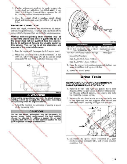 Yamaha Sidewinder Snowmobile Service Manual sample page with service data and tables