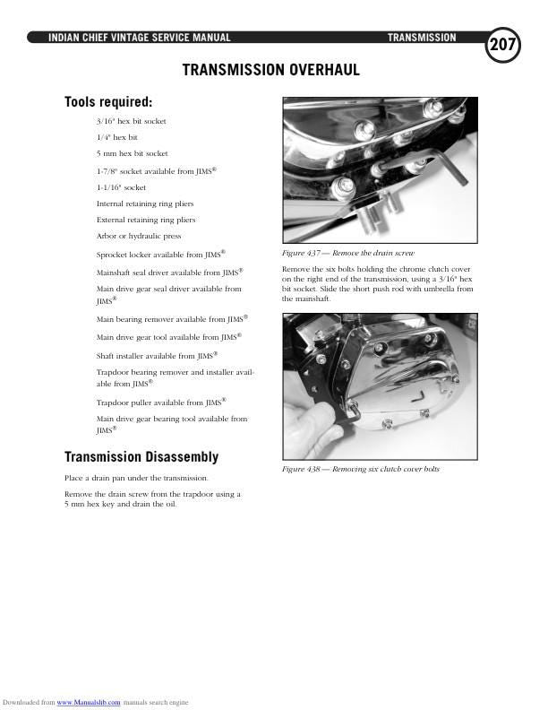 Indian Chief Vintage Deluxe Roadmaster Springfield Motorcycle Service sample page showing repair procedures
