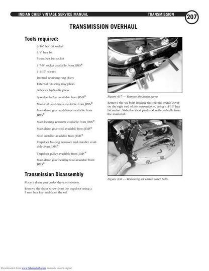 Indian Chief Vintage Deluxe Roadmaster Springfield Motorcycle Service sample page showing repair procedures