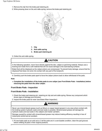 Triumph Tiger Explorer XR XRX XRT Service Manual sample page with service data and tables