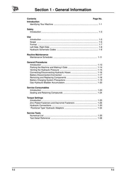 JCB JS300 JS330 JS370 Tracked Excavator Service Manual table of contents