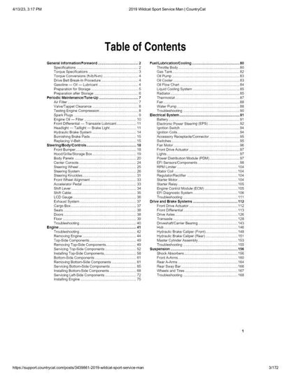 Arctic Cat Wildcat Sport 700 UTV Service Manual table of contents